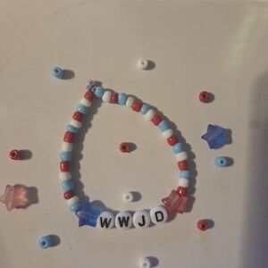 WWJD Beaded Bracelet in Red, White & Light Blue
